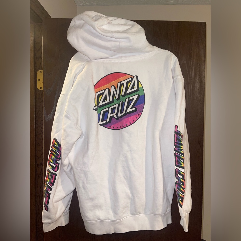 white santa cruz hoodie with rainbow logo